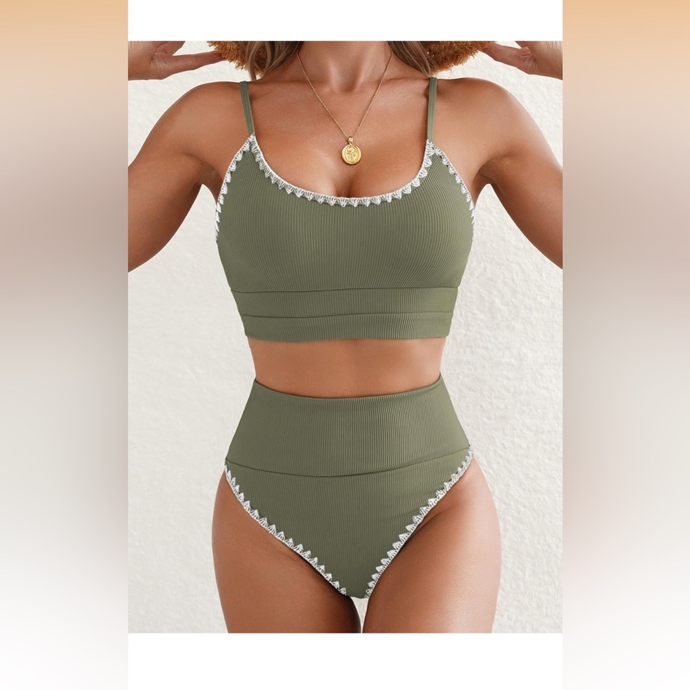Olive Ribbed High-Waist Bikini Set with Lace Trim - Picture 3 of 9